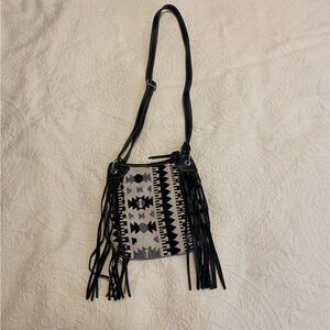 Coastal Cowgirl Boho Fringe Black and White Neutral Western Print Crossbody Bag